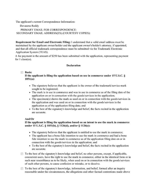 US trademark application — declaration